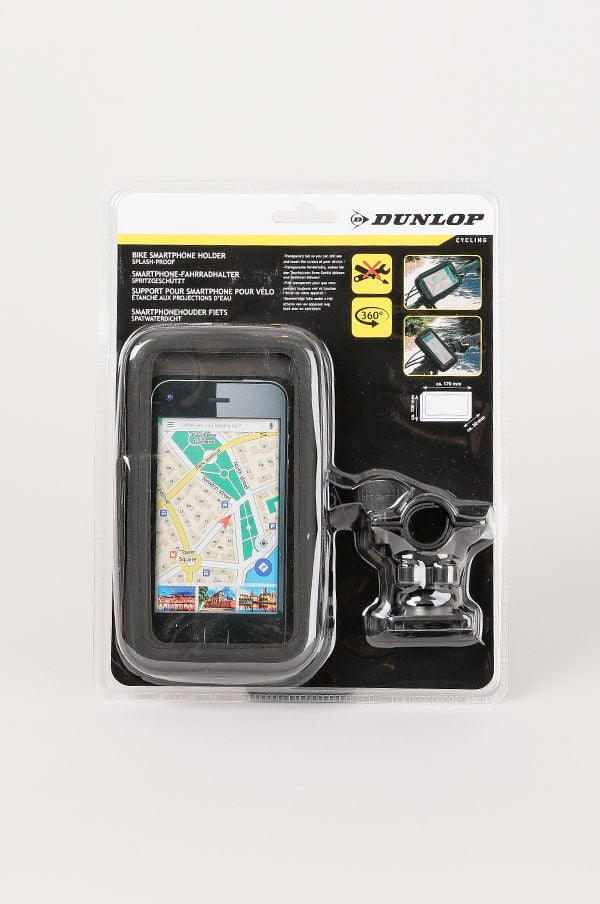 Cykelhållare för smartphone från Dunlop, designad för att fästa mobilen på cykeln. Håller telefonen säkert på plats med 360 graders rotation. Förpackningen visar en karta på skärmen.