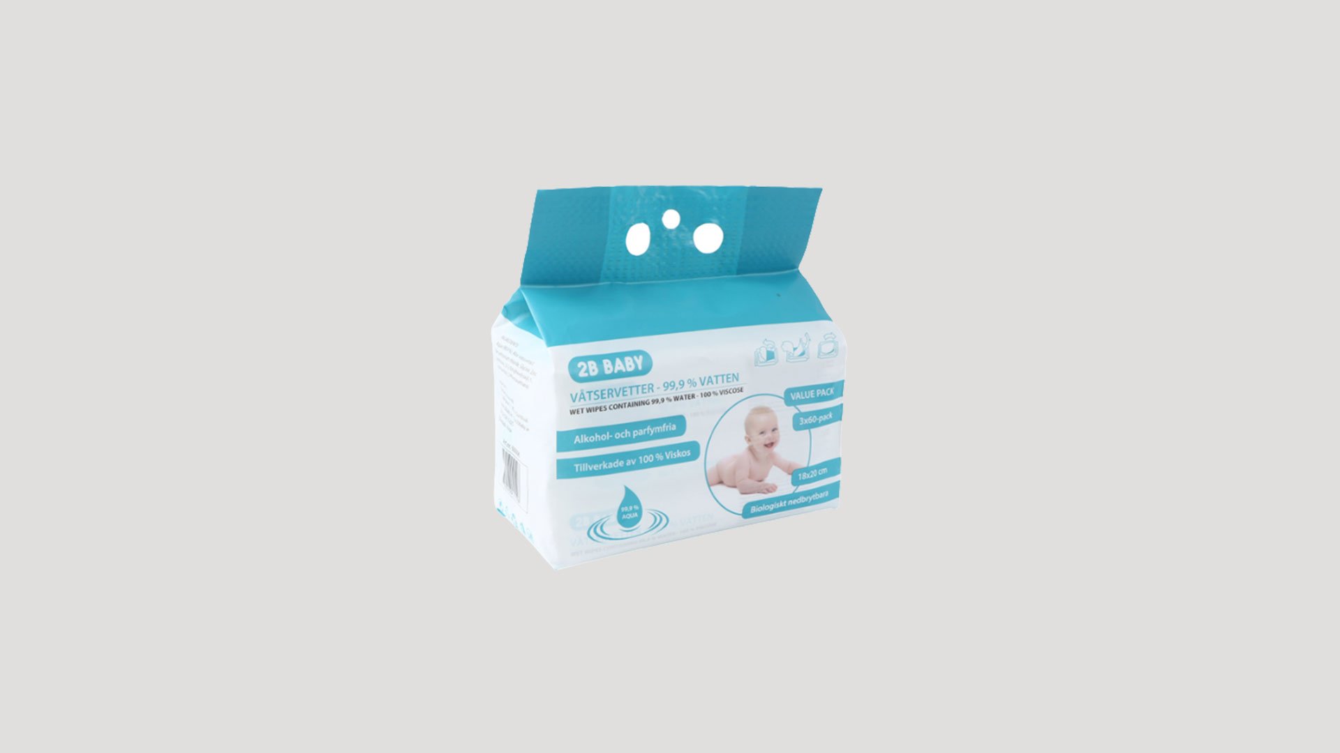 Våtservetter för barn från 2B Baby, innehållande 99,9 % vatten och tillverkade av 100 % viskos. Alkoholfri och parfymfri, för skonsam rengöring av känslig hud. Förpackning med tre paket om 60 servetter. Biologiskt nedbrytbara.