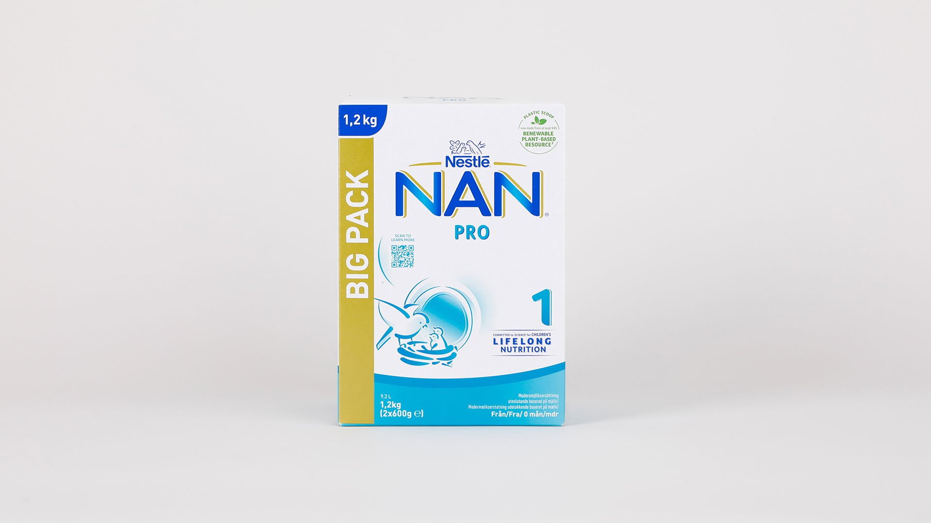 Förpackning av Nestlé NAN PRO 1, 1,2 kg, storpack, barnnäring med fokus på livslång hälsa och modern näringsformel.