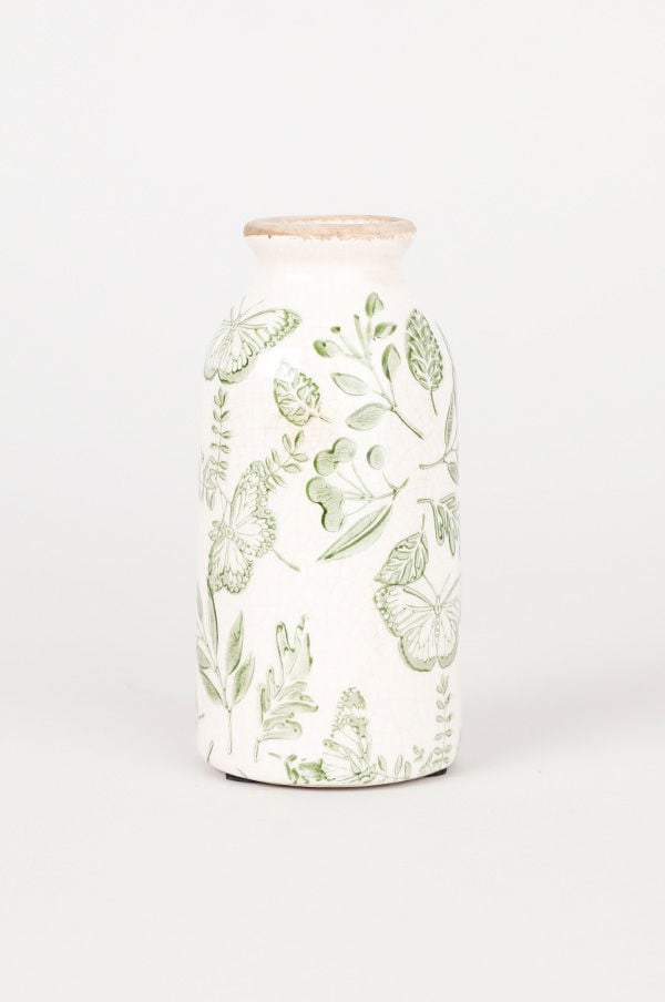 Vas med gröna växt- och fjärilsdekor i keramik, perfekt för inredning och blomsterarrangemang.
