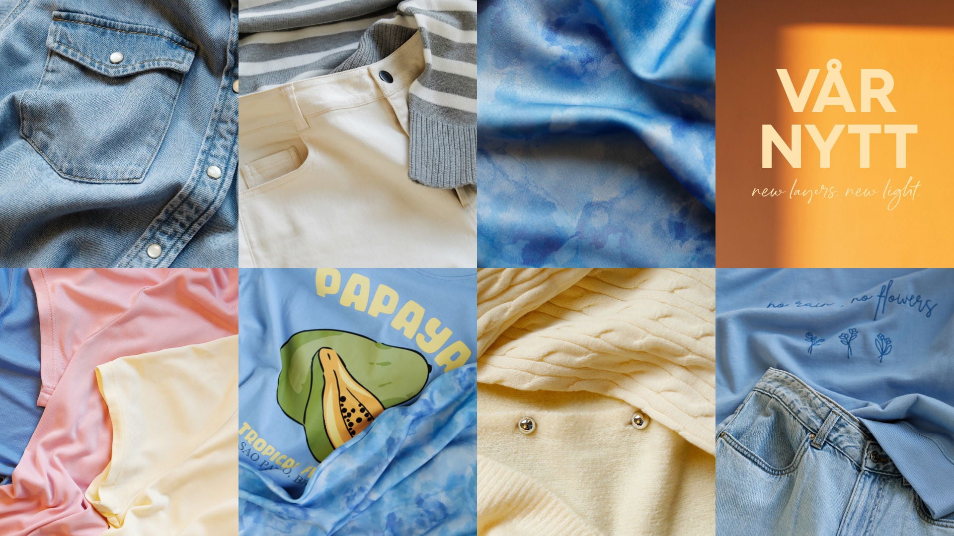 Collage av vårens nya klädkollektion med denim, tröjor och toppar i olika färger och mönster. Fokus på textilier som visar ljusa och lätta lager för säsongen, inklusive en blå skjorta, beige byxor och tryckta t-shirts.