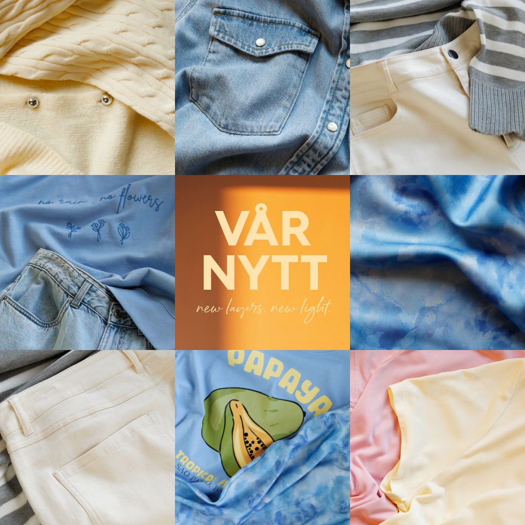 Vårny kollektion med nya lager och ljusa färger, inklusive jeans, tröjor och blusar. Fokus på stiliga detaljer och färgglada mönster, perfekt för vårens mode.