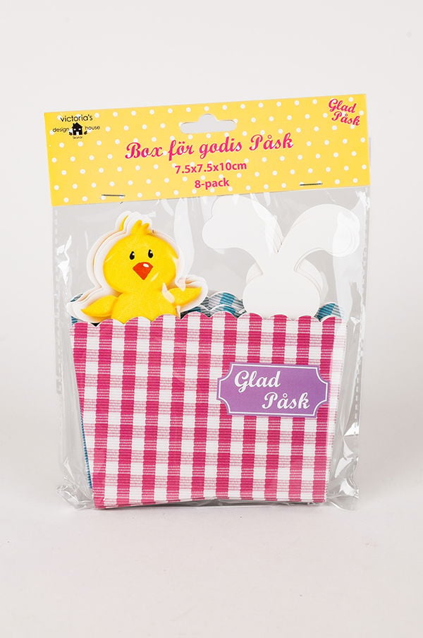 Färgglad box för godis till påsk, 8-pack, mått 7.5x7.5x10 cm, med motiv av en kyckling och en kanin. Perfekt för påskfirande och godisförpackning.