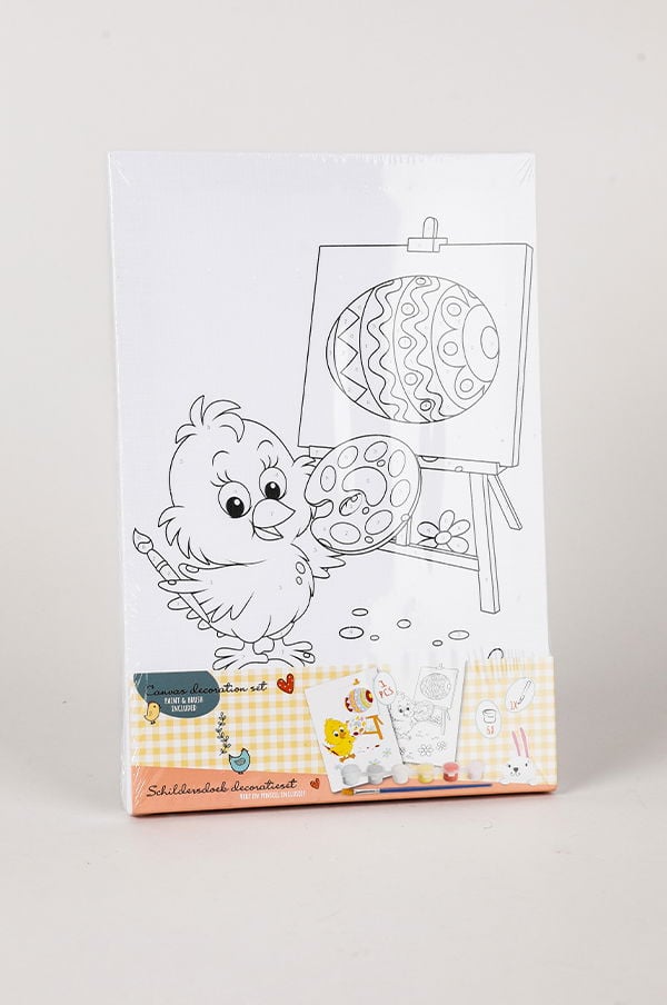 Färgläggningssats med en sött fågelmotiv som målar på en staffli, perfekt för barn och kreativa aktiviteter. Inkluderar färgpalett och exempel på färdiga konstverk.