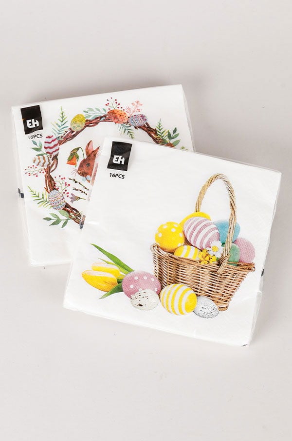 Pappersservetter med påskmotiv, inklusive färgglada ägg och blommor, för festliga tillfällen. Förpackning med 16 stycken servetter.