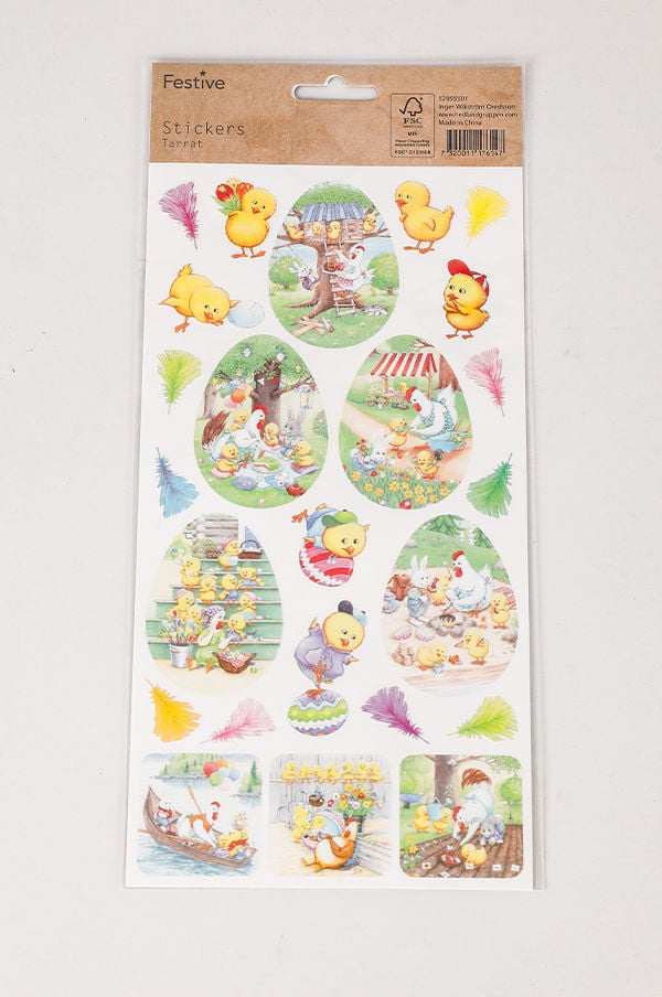 Färgglada klistermärken med påskmotiv, inklusive kycklingar och ägg, idealiska för festliga dekorationer och scrapbooking.