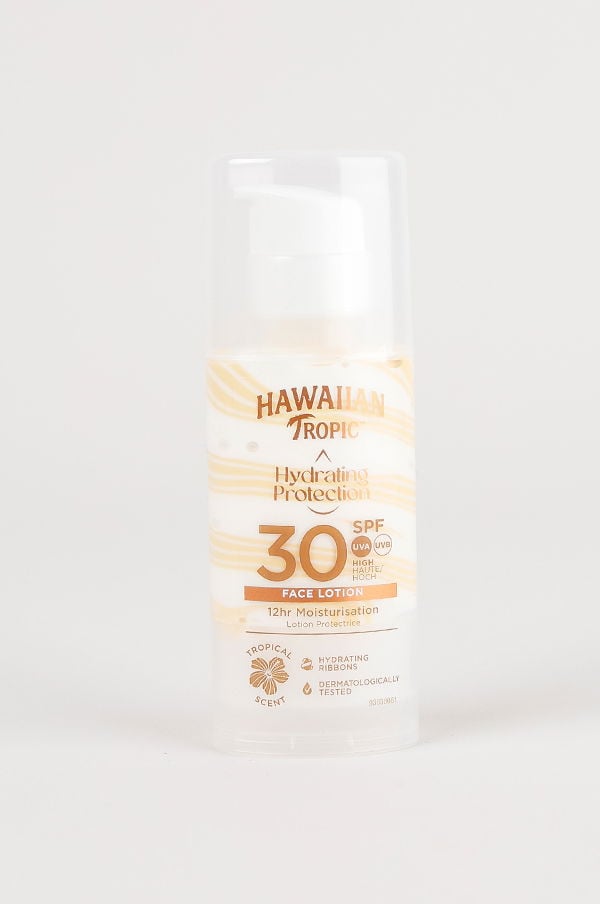 Hawaiian Tropic Hydrating Protection ansiktslotion med SPF 30, erbjuder 12 timmars fukt och skydd mot UVA/UVB-strålar, dermatologiskt testad med tropisk doft.