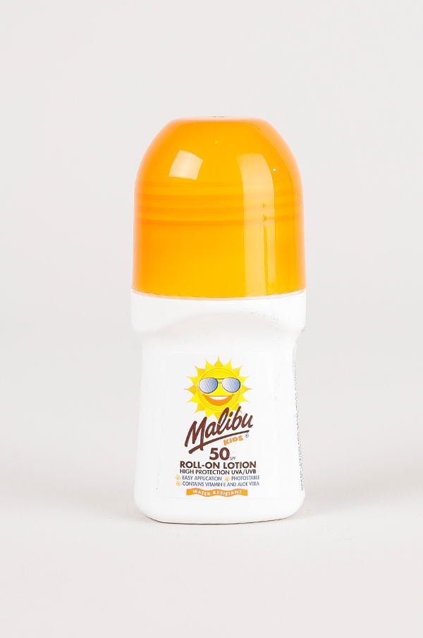 Roll-on solskyddslotion för barn från Malibu med SPF 50, hög skyddsnivå mot UVA/UVB, enkel applicering och vattenresistent. Innehåller vitamin E och aloe vera för extra hudvård.