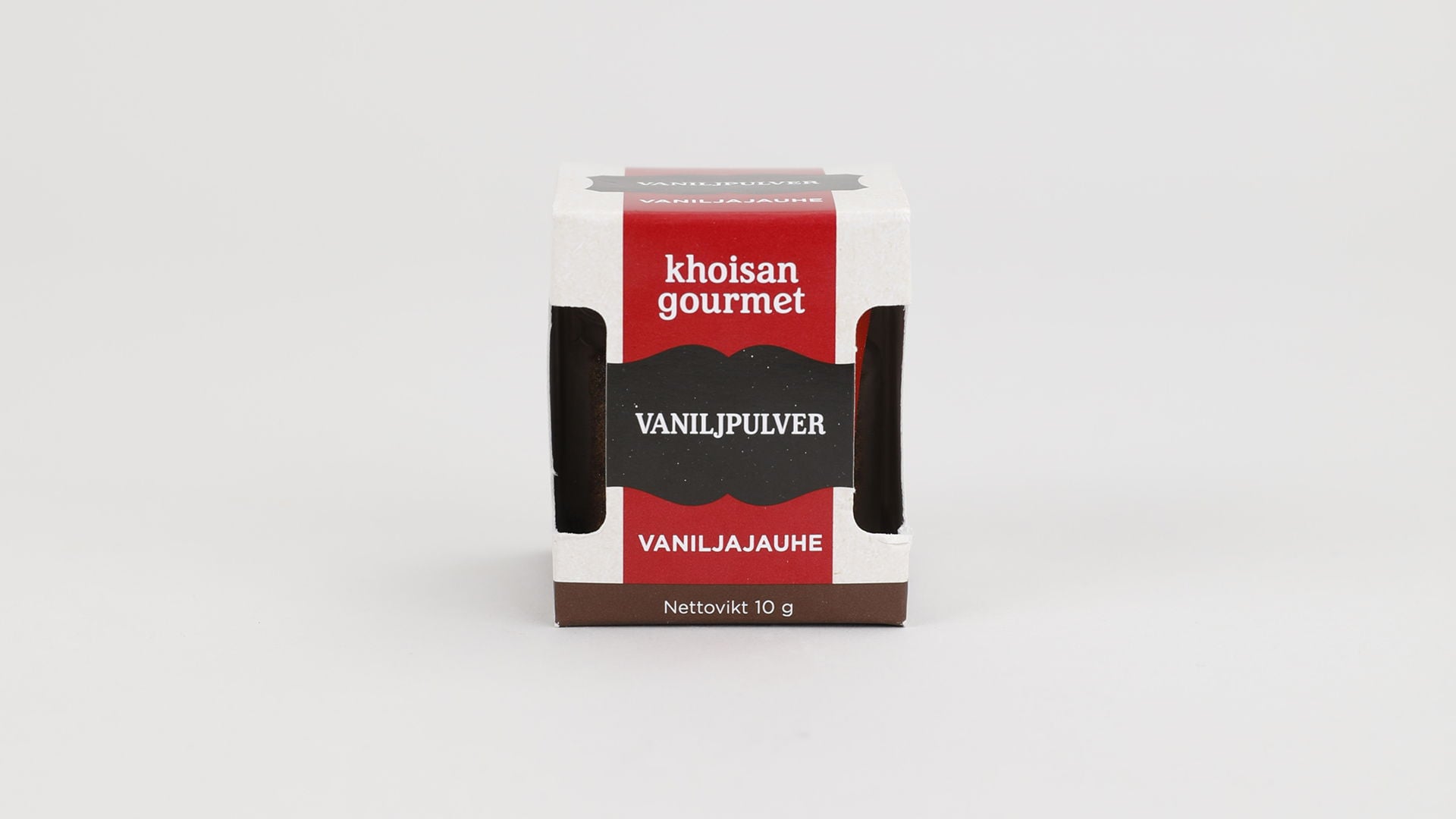 Förpackning med Khoisan Gourmet vaniljpulver, 10 g, med tydlig märkning av produktens namn och vikt. Idealisk för bakning och matlagning för att ge en rik vaniljsmak.