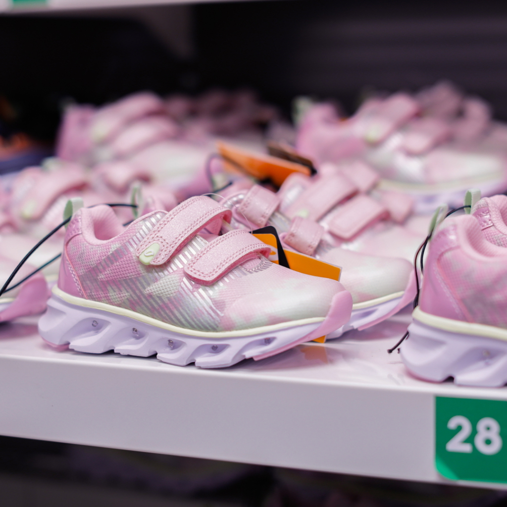 Rosa barnskor med kardborreband, placerade på en hylla i en skobutik. Skorna har en modern design och är lämpliga för aktiv lek.