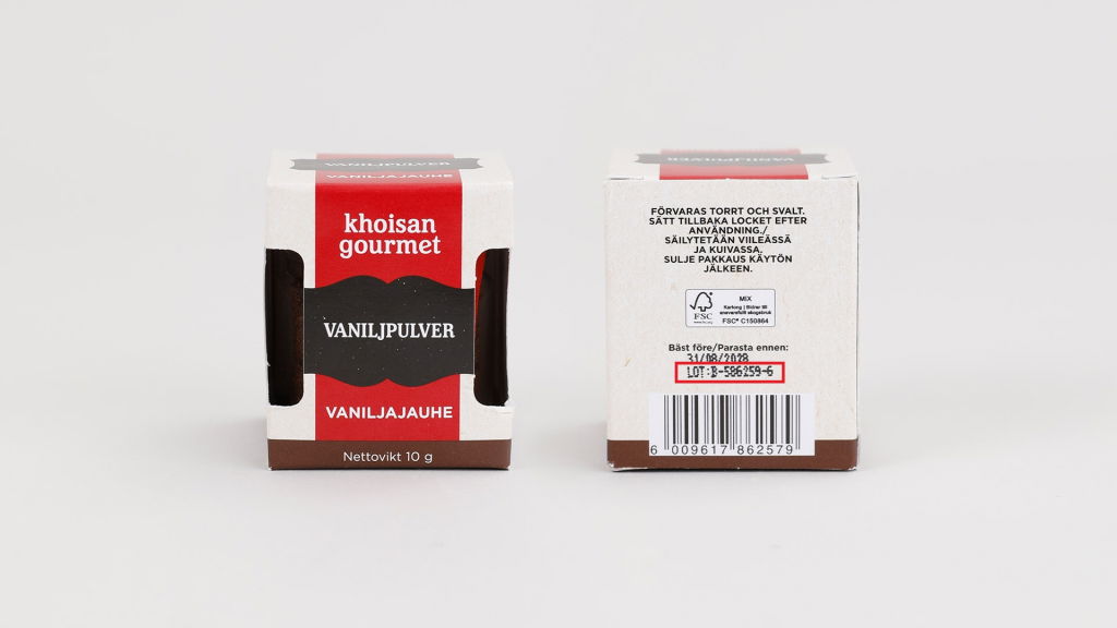 Förpackning av Khoisan Gourmet vaniljpulver, nettovikt 10 g, med tydlig etikett och instruktioner för förvaring.