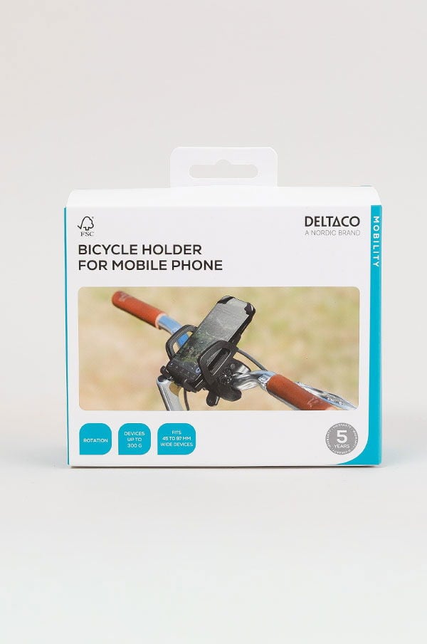 Cykelhållare för mobiltelefon från Deltaco, designad för att fästa på cykelstyret. Passar enheter upp till 380 gram och är kompatibel med mobiler som är 45 till 87 mm breda. Hållaren erbjuder rotation för enkel visning.