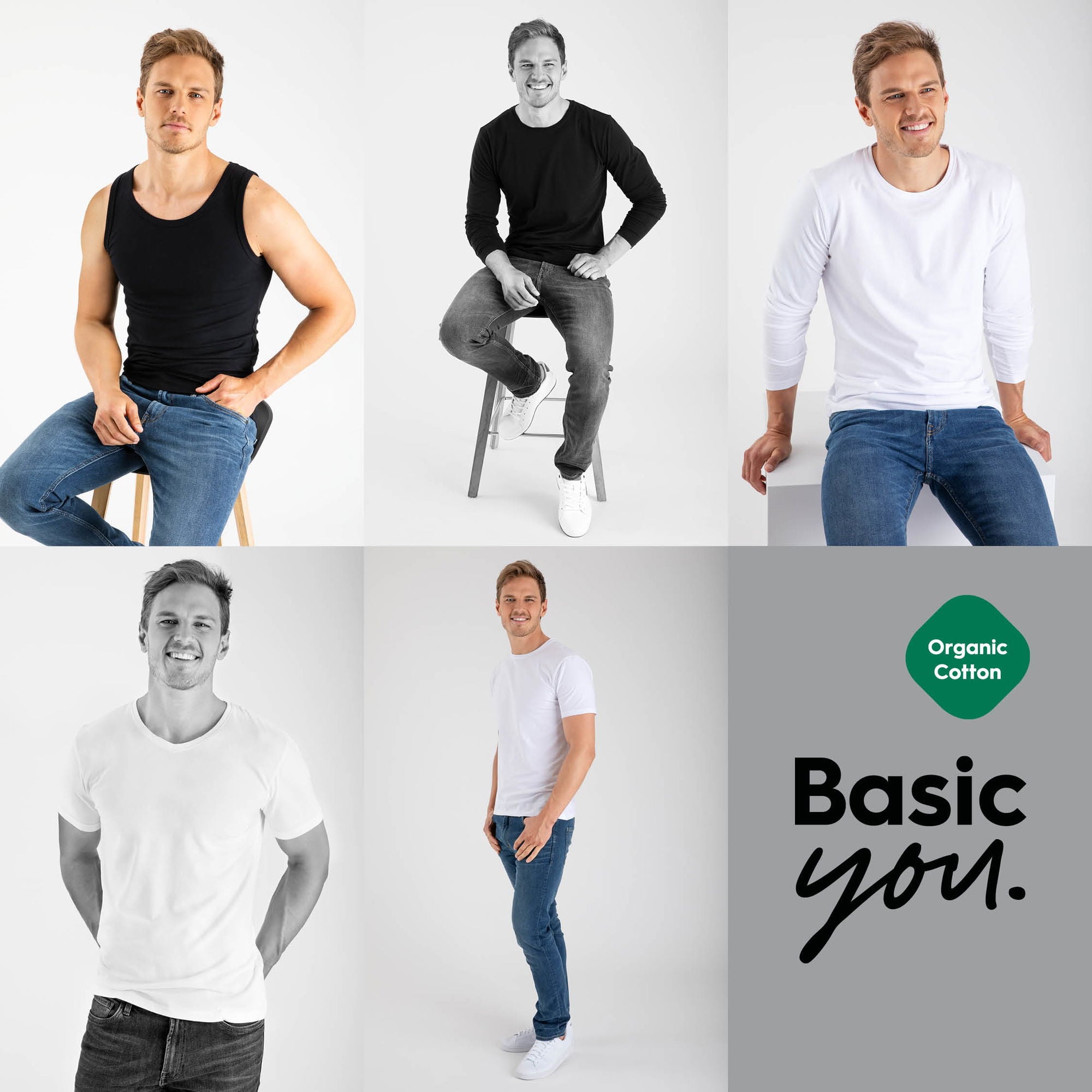 Mannlig modell som poserar i olika kläder i organiskt bomull, inklusive svart linne, långärmad tröja och vit t-shirt, med fokus på avslappnad stil och mångsidighet.