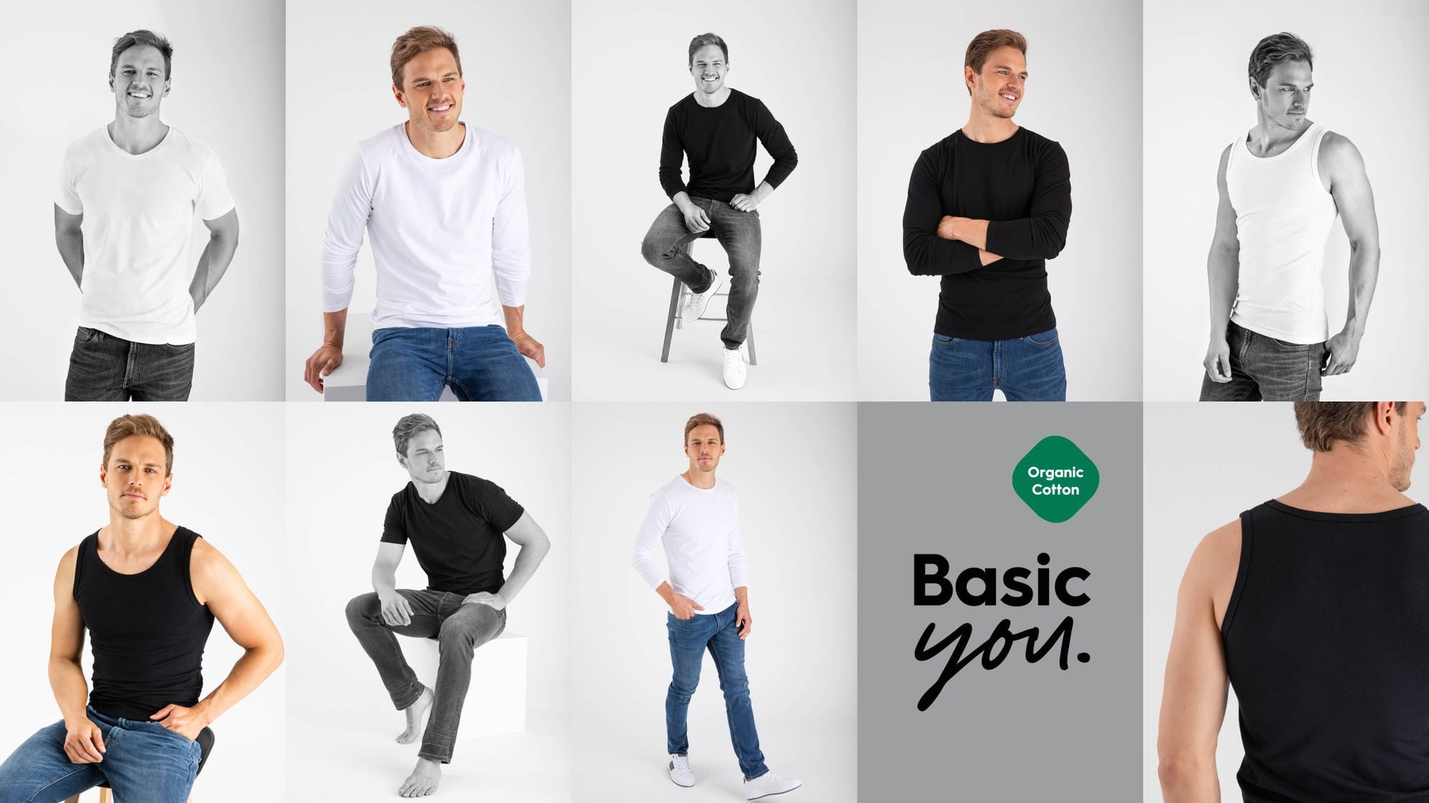 Män som visar olika t-shirts och linnen i svart, vitt och grått, tillverkade av ekologisk bomull. Stilarna inkluderar kortärmade och långärmade alternativ, samt en ärmlös design. Bilderna visar modellen i olika poser och miljöer, vilket framhäver mångsidigheten och komforten hos kläderna.