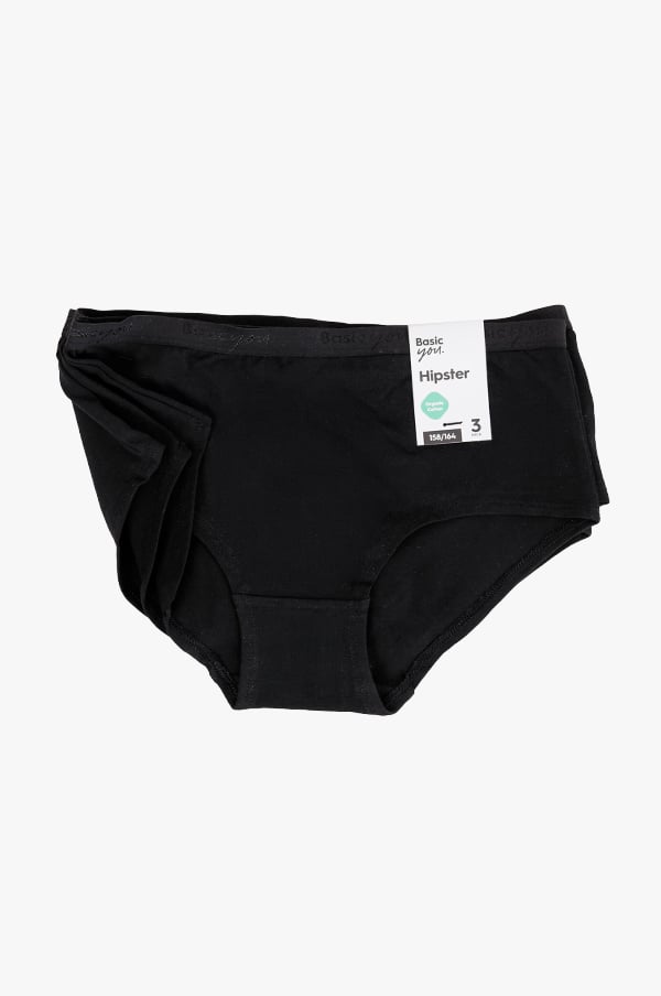 Svarta hipsterunderkläder i storlek 156/164 med etikett, designade för komfort och stil. Perfekta för vardagsbruk.