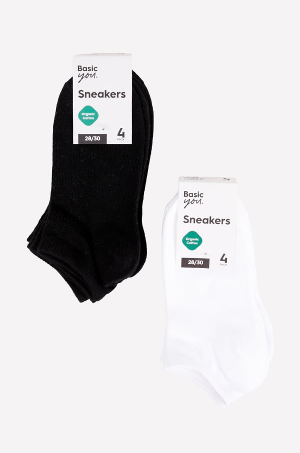 Svart och vit sneakersockor i ekologisk bomull, förpackning med fyra par, storlek 28/30. Perfekta för vardagsbruk och sportaktiviteter.