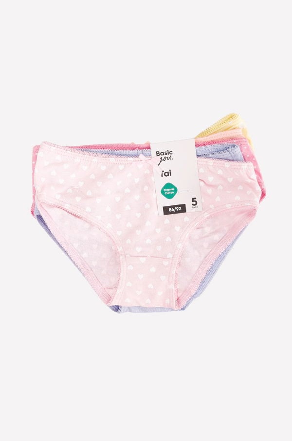 Set med barnunderkläder i ekologisk bomull, inkluderar fem par trosa i olika färger som rosa med hjärtan, lila och gul. Storlek 86/92.