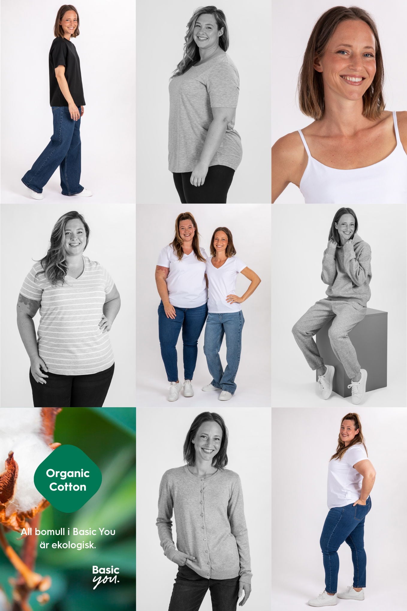Mångsidiga kläder i ekologisk bomull från Basic You, med modeller i olika stilar och storlekar. Bilderna visar både kvinnor i avslappnade och stiliga outfits, inklusive t-shirts, tröjor och byxor. Fokus på hållbarhet och komfort.