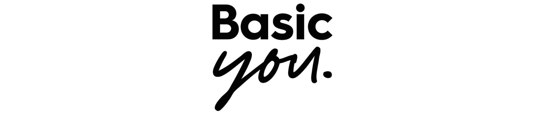 Logotyp för Basic You, med en modern och stilren design i svart och vitt, som representerar enkelhet och självkänsla.