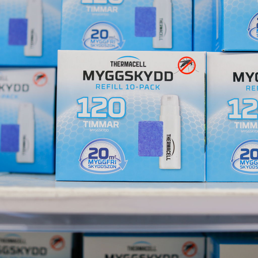 Thermacell myggskydd refill 10-pack med 120 timmars skydd och en effektiv radie på 20 m², perfekt för utomhusbruk.