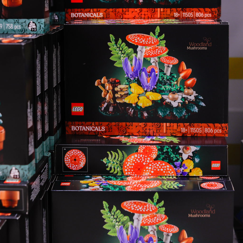 LEGO Botanicals Woodland Mushrooms byggsats med 806 bitar, presenterad i en färgglad förpackning som visar olika svampar och växter.