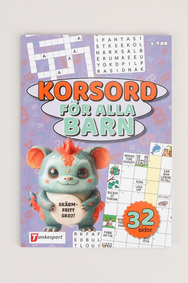 Barnbok med korsord, "Korsord för alla barn", riktad till åldrarna 6-9 år. Innehåller 32 sidor med olika korsord och en söt karaktär på framsidan som uppmuntrar till skärmfri aktivitet.