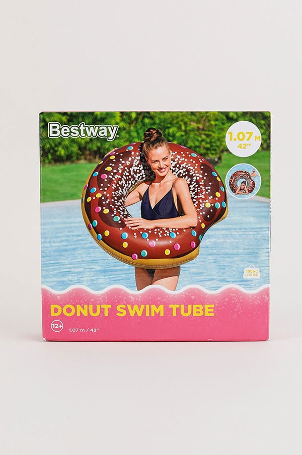 Alt-text: Bestway donut simring, 1,07 m, för barn över 12 år, avbildad på förpackning med en glad tjej som simmar i en pool.