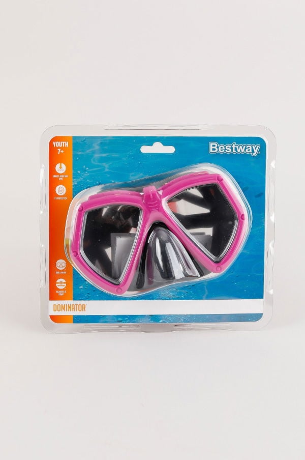 Dykmask för barn från Bestway, modell Dominator, i rosa och svart, för åldrar 7 år och uppåt, för simning och snorkling.
