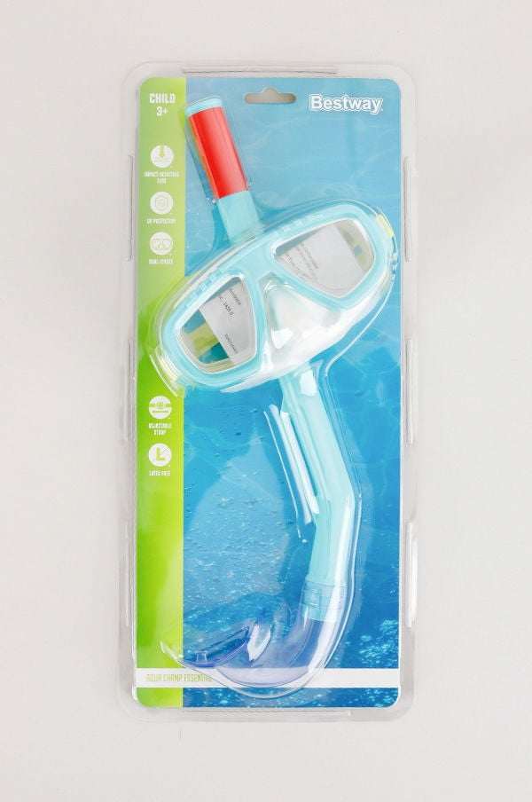 Snorkelset för barn från Bestway, lämpligt för åldrar 3 år och uppåt, med UV-skydd och justerbar rem. Förpackningen visar en snorkel med dubbla linser och vattentålig design, perfekt för simning och snorkling.