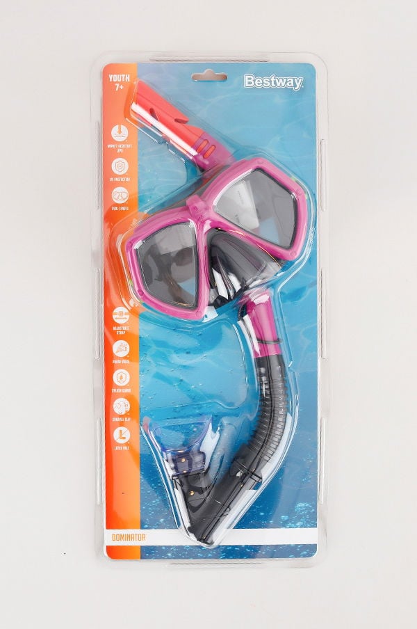 Snorkelset för barn från Bestway, inklusive mask och snorkel, designad för åldrar 7 år och uppåt. Förpackningen visar detaljer som vattentäta linser, justerbar rem och ergonomisk design, perfekt för simning och snorkling.