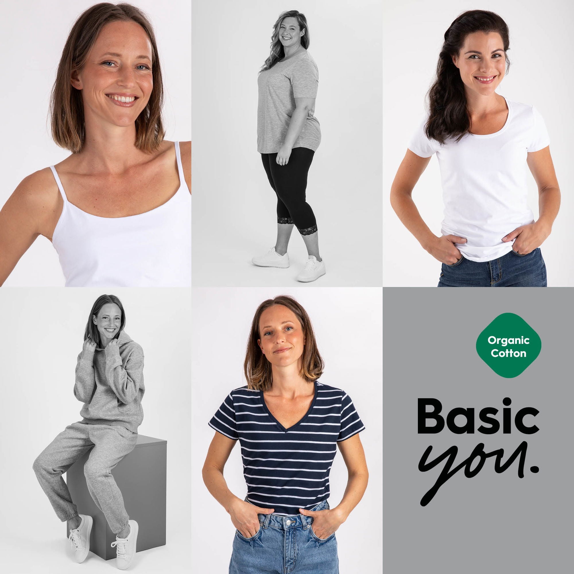 Collage av kvinnor som bär kläder i ekologisk bomull från Basic You. Visar olika stilar inklusive linne, t-shirt och mjukisbyxor. Fokus på komfort och hållbarhet.